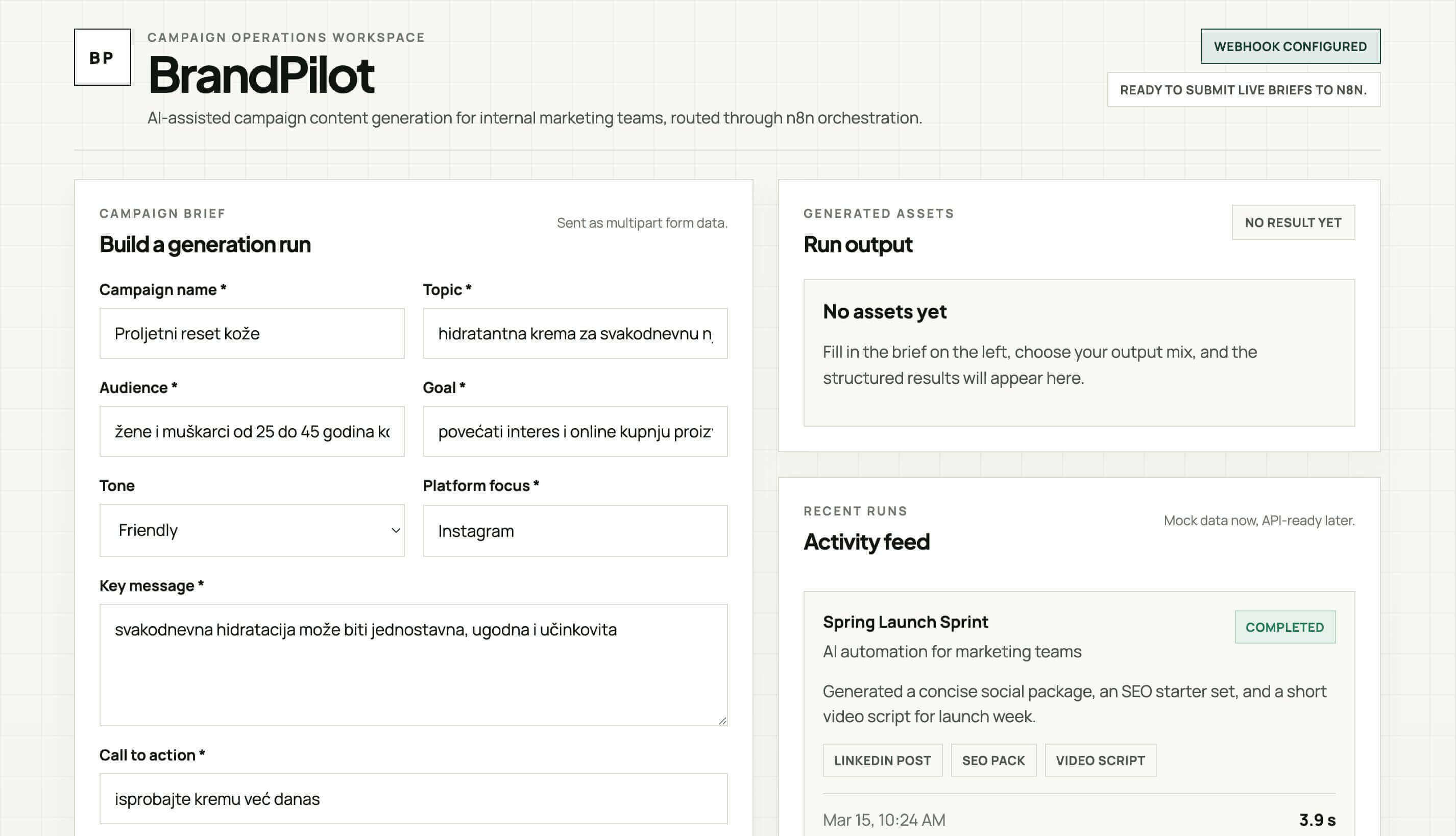 BrandPilot React sučelje za strukturirani brief