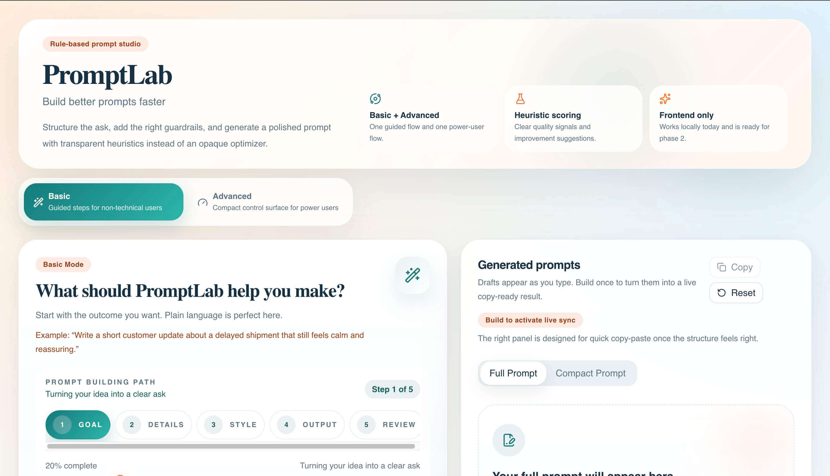PromptLab sučelje s poljima za strukturirani input
