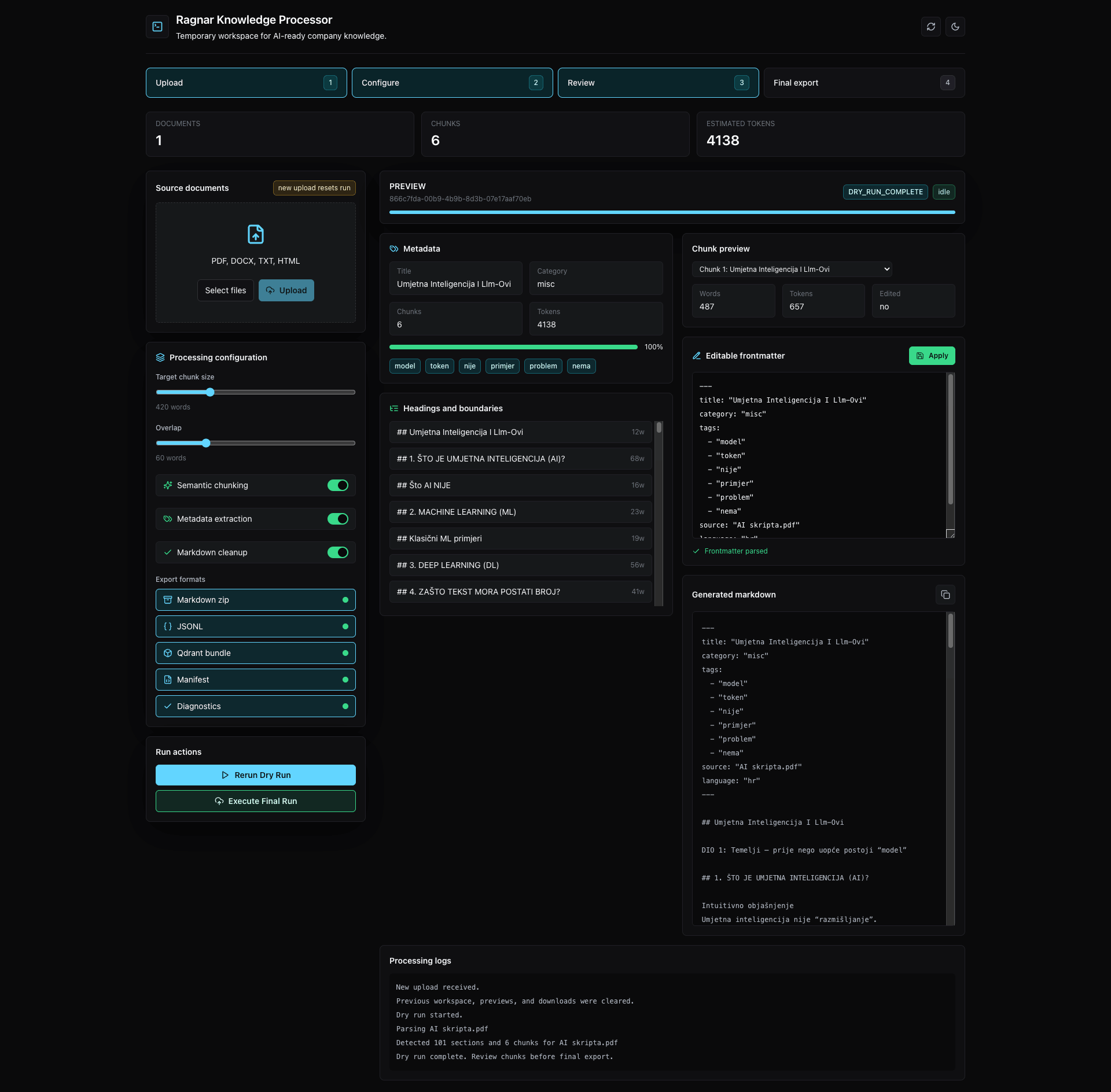 RAGnar Knowledge Processor upload parametri za chunking i obradu dokumenata
