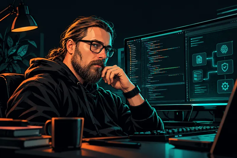 Graphic-novel illustration of TOKMATIK founder Dario Mijić at a multi-monitor workstation, with software and system diagrams on screen.