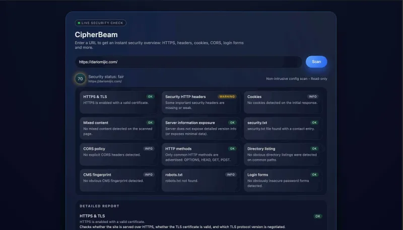 The existing CipherBeam prototype showing web configuration checks.
